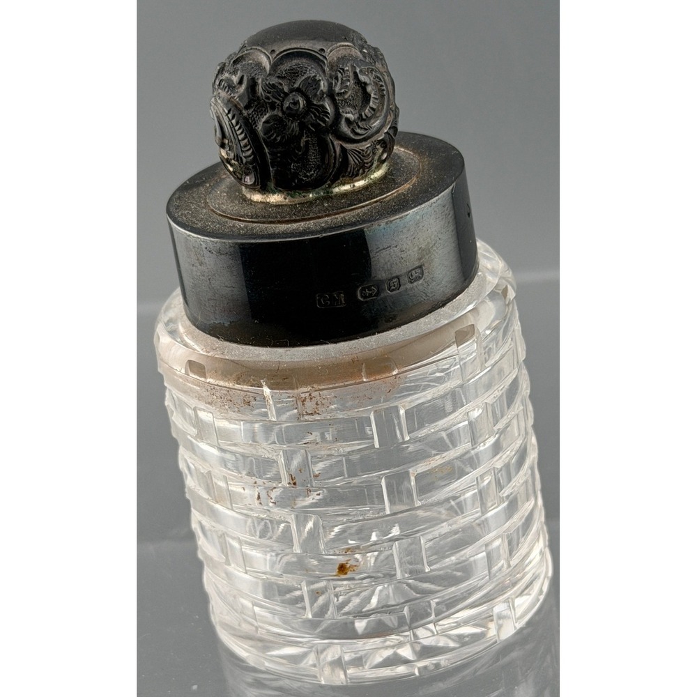 Antique Great Britain Perfume Bottle Sterling Silver Cut Glass Birmingham 1892
